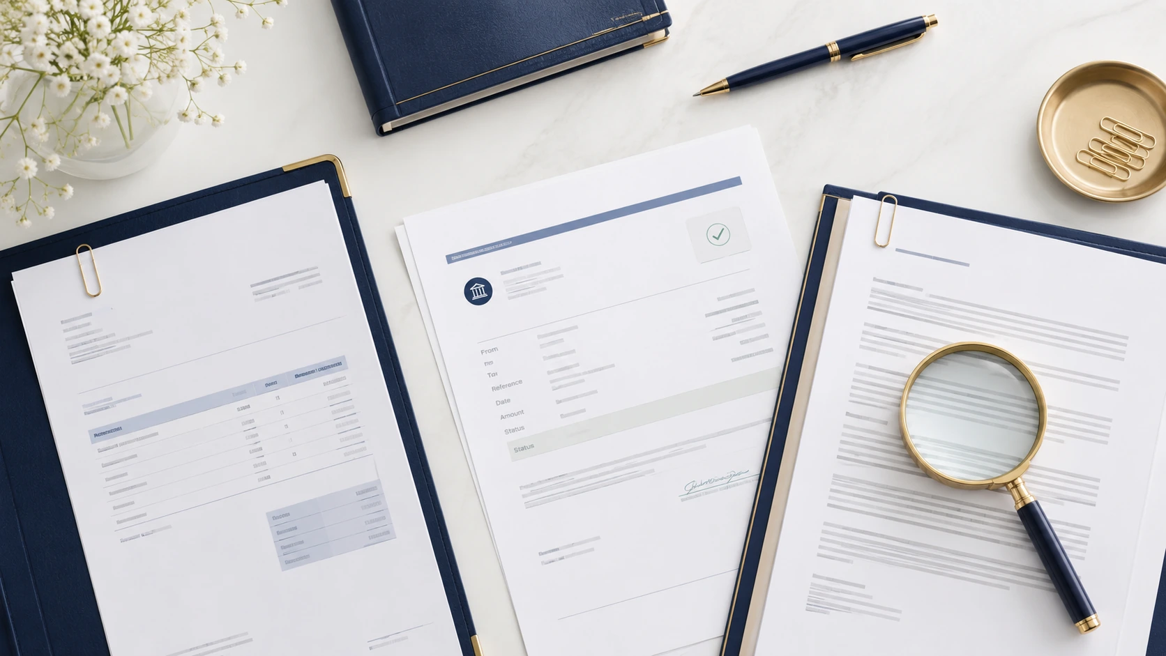 Project documentation and financial records on a desk
